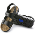 Birkenstock Kano Birko Flor Mens Work Kitchen Garden Sandals - Regular Width, black sandals with adjustable straps and cushioned footbed, featuring a durable rubber sole with grip.
