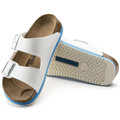 Birkenstock Arizona Super Grip Mens Work Kitchen Garden Sandals - Regular Width, white sandals with adjustable straps and blue accents, featuring a cushioned cork footbed and slip-resistant rubber outsole for enhanced grip and comfort.