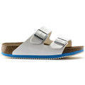 Birkenstock Arizona Super Grip Mens Work Kitchen Garden Sandals - Regular Width, white sandals with two adjustable straps, cork footbed, and blue and white sole detailing.