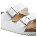 Birkenstock Arizona Prof Mens Work Kitchen Garden Sandals - Regular Width, close-up of the white sandals featuring adjustable buckle straps with the Birkenstock logo, cushioned footbed, and textured outsole for comfort and durability.