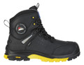 Himalayan Mens 6 Inch Vibram Side-Zip Safety Non-Metallic Ankle Boots, black leather work boots with side zipper and yellow Vibram sole.