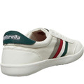 Lambretta Vulkan Mens Casual Smart Lace Up Canvas Pump Trainers, white canvas sneakers with red and green stripe accents and a green heel tab with Lambretta branding.