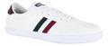 Lambretta Vulkan Mens Casual Smart Lace Up Canvas Pump Trainers, white sneaker with green and red stripe detail and dark brown heel tab