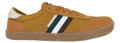 Lambretta Vulkan Mens Casual Smart Lace Up Canvas Pump Trainers, yellow-brown sneakers with green, white, and brown stripes on the sides.