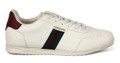 Lambretta Tackle Mens Casual Smart Lace Up Retro Trainers, white leather sneakers with red and black striped detail and a contrasting dark red heel tab.