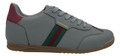 Lambretta Tackle Mens Casual Smart Lace Up Retro Trainers, gray with red and green stripe detail, cushioned gray collar, brown sole.