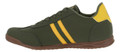 Lambretta Tackle Mens Casual Smart Lace Up Retro Trainers, green with yellow and black details, brown sole, front view of athletic casual shoes.