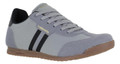 Lambretta Tackle Mens Casual Smart Lace Up Retro Trainers, Grey athletic sneaker with black and grey striped detail and gum sole.