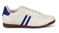 Lambretta Tackle Mens Casual Smart Lace Up Retro Trainers, white sneaker with blue stripes and brown sole.