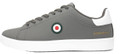 Lambretta Pinball 2 Mens Casual Smart Lace Up Memory Foam Trainers, grey sneaker with white heel tab and round logo patch on the side.