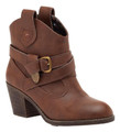 Rocket Dog Satire Womens Classic Cowboy Pull On Western Boots, Brown leather ankle boot with buckle straps and a chunky heel.