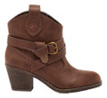 Rocket Dog Satire Womens Classic Cowboy Pull On Western Boots, stylish brown leather ankle boot with strap and buckle detail, stacked heel, and pointed toe.