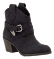 Rocket Dog Satire Womens Classic Cowboy Pull On Western Boots, black leather ankle boot with buckle strap and stacked heel.