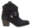 Rocket Dog Satire Womens Classic Cowboy Pull On Western Boots, black leather ankle boots with side buckle strap and block heel.