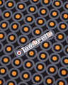 Lambretta Mens Geometric Target Retro Mod Ska Casual T-Shirt, close-up of fabric with repeating circular pattern in black, gray, and orange, featuring a Lambretta logo and Target design.