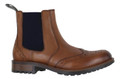 Frank James Fulham Mens Pull On Dealer Chelsea Brogue Leather Ankle Boots, brown leather ankle boots with brogue detailing, elastic side panels, and a sturdy rubber sole.