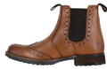 Frank James Chepstow Mens Leather Brogues Chelsea Ankle Boots, a stylish brown leather ankle boot with brogue detailing and elastic side panels.
