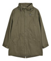 Lambretta Men's Shower Resistant Hooded Classic Badge Fishtail Parka, olive green waterproof coat with a hood, multiple pockets, and a stylish badge detail.