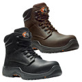 V12 Bison Mens Safety Work Composite Toe Midsole S3 Ankle Boots, pair of sturdy safety boots with composite toe protection, midsole support, and ankle-high design for industrial safety in black and brown colors.