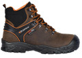 Cofra Ande Mens Composite Toe Midsole Safety Work Boots, robust brown leather work boots with black and orange accents, lace-up design, and reinforced toe and sole for safety and durability.