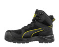 PUMA Safety PUMA Rock Mid Mens Composite Toe Midsole S3 Work Safety Boots, black high ankle work boots with yellow accents and rugged sole for safety and durability.
