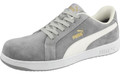 PUMA Safety PUMA Iconic Suede Mens Safety Composite Toe Midsole S1P Work Trainers, grey suede athletic shoes with white detailing and gold branding.
