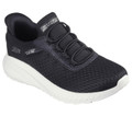 Skechers Bobs Squad Chaos In Color Womens Slip Ins Casual Trainers, black sports shoes with white sole and black laces.