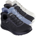 Skechers Bobs Squad Chaos In Color Womens Slip Ins Casual Trainers, image showing a collection of women's slip-on casual sneakers in black, blue, gray, and white, featuring breathable mesh material and cushioned soles.