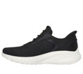 Skechers Bobs Squad Chaos In Color Womens Slip Ins Casual Trainers, black and white athletic sneakers with breathable mesh upper and cushioned sole.