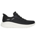 Skechers Bobs Squad Chaos In Color Womens Slip Ins Casual Trainers, black slip-on sneaker with cushioned white sole and lightweight breathable upper.