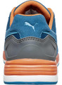 PUMA Safety PUMA FrontSide Mens Safety Composite Toe Midsole S1P Work Trainers, front view of the athletic work shoe with blue, orange, and gray colors, featuring padded collar and safety sole for industrial work safety.