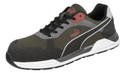 PUMA Safety PUMA FrontSide Men's Safety Composite Toe Midsole S1P Work Trainers, rugged safety shoes with black, grey, and red accents, breathable mesh upper, cushioned midsole, and slip-resistant outsole.