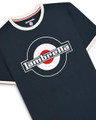 Lambretta Men's Smart Casual Retro SKA Ringer Logo Shirt, navy blue short-sleeve t-shirt with vintage-inspired logo.