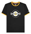 Lambretta Mens Smart Casual Retro SKA Ringer Logo Shirt, black t-shirt with yellow trim on the collar and sleeves, featuring a large Lambretta logo with a circular design and bold branding.