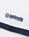 Lambretta Mens Smart Casual Retro SKA Ringer Logo Shirt, close-up of embroidered Lambretta logo on white fabric with navy blue trim.