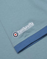 Lambretta Mens Smart Casual Retro SKA Ringer Logo Shirt, close-up of light blue and navy fabric with embroidered Lambretta logo and Ringer logo design.