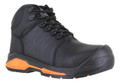 Rugged Terrain Mens Metal Free Composite Waterproof S3 Ankle Boots, black safety work boots with protective toe cap and orange outsole accents.