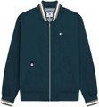 Lambretta Mens Classic Monkey MOD SKA Scooter Jacket, front view of a teal-blue bomber jacket with striped ribbed collar, cuffs, and waistband, featuring a gold zipper and small embroidered logo on the chest.