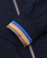Lambretta Mens Classic Monkey MOD SKA Scooter Jacket, close-up of the jacket's sleeve cuff with striped ribbed elastic trim in beige, blue, and black, alongside a zipper detail.
