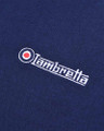 Lambretta Mens 1/4 Zip Pull Logo Classic Pull Over Sweatshirt, close-up of embroidered Lambretta logo on navy blue fabric.