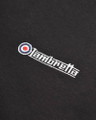 Lambretta Mens 1/4 Zip Pull Logo Classic Pull Over Sweatshirt, close-up of the embroidered Lambretta logo on the black fabric.