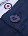 Lambretta Mens Chino Casual Classic Shorts, close-up of the navy blue fabric with a branded button.