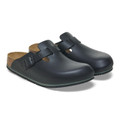Birkenstock Boston Pro Mens Work Nurse Kitchen Hospital Clog Shoes - Regular, black leather slip-on clogs with adjustable straps and cork footbed for comfort and support.