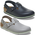 Birkenstock Tokio Pro Men's Work Nurse Kitchen Hospital Clog Shoes - Regular, two-tone slip-on clogs with adjustable buckle straps and cushioned footbeds for professional healthcare and kitchen staff.