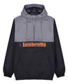 Lambretta Mens Classic Overhead Scooter Showerproof Hooded Jacket, front view of a stylish black and grey waterproof jacket with a large kangaroo pocket, adjustable hood, and bold Lambretta logo.