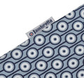 Lambretta Mens Geometric Target Retro Mod Ska Casual Polo Shirt, close-up of the blue and white geometric pattern fabric with Lambretta logo tag.