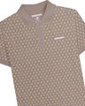 Lambretta Mens Geometric Target Retro Mod Ska Casual Polo Shirt, close-up of the beige and brown patterned polo shirt with a unique geometric target design, featuring a collar and button placket.