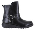 FLY London Fly London Soch Womens Zip Up Buckle Wedge Leather Mid Calf Boots, stylish black leather ankle boots with buckle and ring detail, wedge heel, and mid calf length.