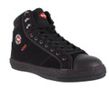 Lee Cooper 022 Mens/Womens Baseball High Top Steel Toe SB Work Lace Up Boots, black high-top sneakers with steel toe protection and red stitching details.