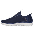 Skechers Summits High Range Slip-Ins Mens Casual Smart Trainers, navy blue breathable mesh sneakers with white sole and slip-on design, suitable for casual and smart wear.